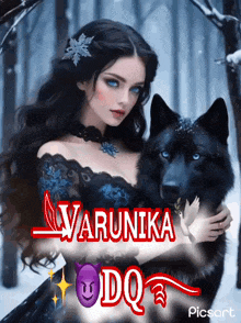 a picture of a woman holding a black wolf with the name varunika