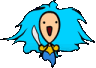 a cartoon character with blue hair and a sword