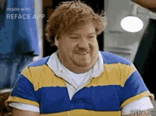 a fat man in a blue and yellow striped shirt is smiling and looking at the camera .
