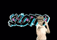 a young boy stands in front of a sign that says sloth