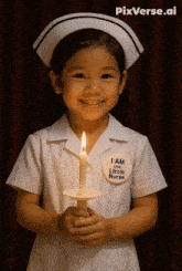 a little girl in a nurse uniform holds a candle