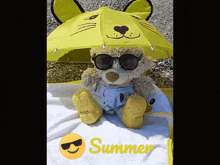 a teddy bear wearing sunglasses sits under a yellow umbrella that says summer on it