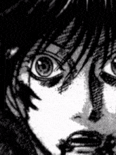 a black and white drawing of a person 's face with large eyes