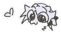 a black and white drawing of a cartoon character with hearts around it