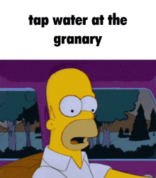 homer simpson driving a car with the words tap water at the granary