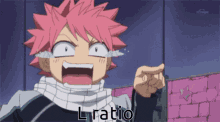 a cartoon character with pink hair and the word l ratio in the corner
