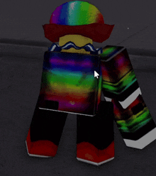 a clown with a rainbow hair and red nose is holding a cube