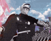 a man in a black uniform is holding a sword in his hand