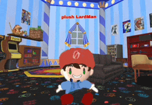 a plush lardman is sitting in a room