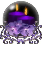 a purple candle is surrounded by purple flowers in a glass sphere