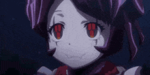a close up of a girl with red eyes and purple hair