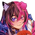 a girl with pink hair is holding a donut and smiling .