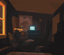 a pixel art drawing of a room with a laptop on a desk