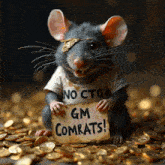 a mouse wearing a shirt that says no cto gm comrats is holding a sign