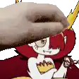a pixel art of a hand petting a cartoon character with horns .