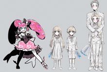 a drawing of a girl in a pink dress and a boy in a white suit standing next to each other