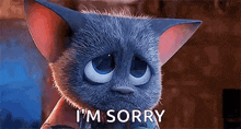 a cartoon cat is saying `` i 'm sorry '' with a sad look on its face .