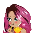 a pixel art illustration of a girl with pink hair eating french fries .