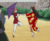 a woman in a kimono holds an umbrella over another woman