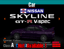 a purple nissan skyline gt-r v-spec is displayed in a video game