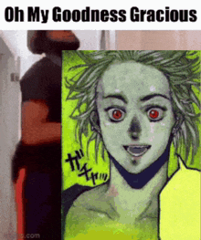 a man is standing next to a drawing of a woman with red eyes