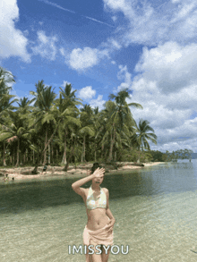 a woman in a bikini stands on a beach with the words " i miss you " written below her
