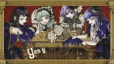 a group of anime girls are sitting around a table with the words yes y written on the bottom