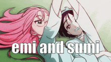 a couple of anime girls laying next to each other with the words emi and sumi below them