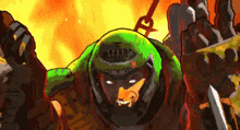 a video game character with a green helmet and a sword