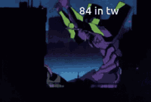 a purple and green robot with 84 in tw written on the bottom