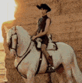 a man in a cowboy hat rides a white horse