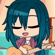 a girl with blue hair is playing a guitar
