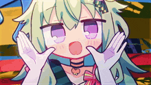 a cartoon girl with green hair and purple eyes making a funny face