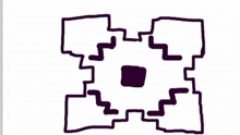 a black and white drawing of a maze with a purple square in the middle