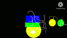 a drawing of a red square blue square green square and yellow circle on a black background with the words kinemaster at the bottom