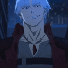 a close up of a man with blue hair and a red tie