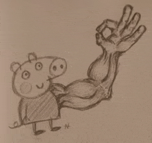 a pencil drawing of peppa pig with a very muscular arm giving the ok sign .