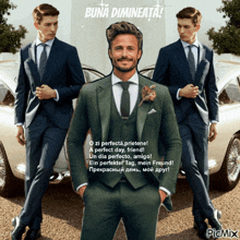 a man in a suit is standing in front of a car