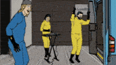 a man in a hazmat suit is dancing in front of a sign that says loading