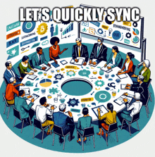 a group of people are sitting around a round table with the words let 's quickly sync written on the bottom