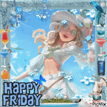 a picture of a girl with the words happy friday written on it