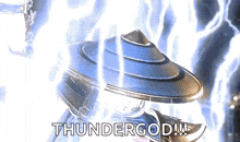 a person with a blue hat is surrounded by lightning and the words thundergod