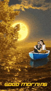 a man and a woman are in a boat with the words good morning written on the bottom