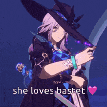 a picture of a witch with the words she loves bastet on the bottom