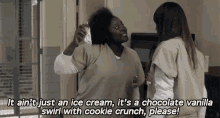 two women are standing next to each other talking about ice cream