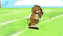 a cartoon dog is running on a football field wearing a helmet and pants .