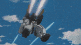 a man in a blue space suit is standing in front of a robot ..