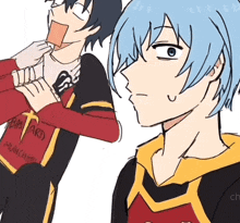 a drawing of two anime characters one of whom is wearing a shirt that says bastard