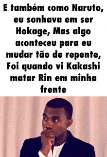 a man in a suit and white shirt is looking at something with the words e também como naruto written above him