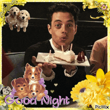 a picture of a man holding a plate of food with the words good night written on the bottom